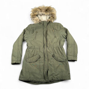 American Eagle Coat Womens LARGE Green Parka Sherpa Faux Fur Hood Army Military